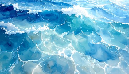 Obraz premium Artistic, swirling ocean waves depicted with shades of blue and white, mimicking watercolor techniques and movement