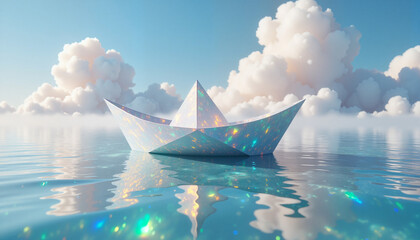 Paper boat sails on water, with clouds, concept of dreams