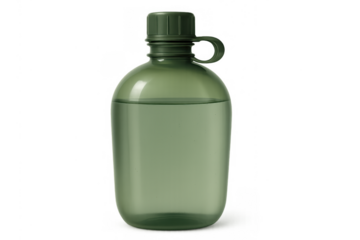 Green plastic canteen bottle filled with clear liquid, providing hydration for outdoor activities, military, or survival on transparent background