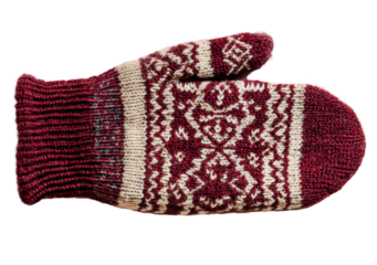 Knitted winter mitten with Nordic snowflake pattern in red and cream colors, realistic product photo