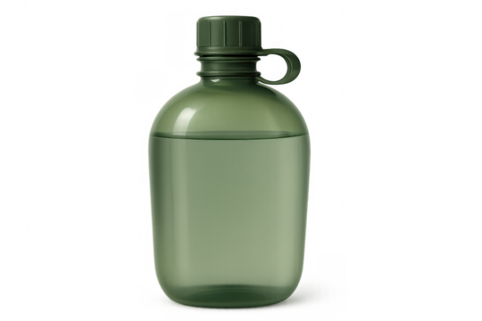 Green plastic canteen bottle filled with clear liquid, providing hydration for outdoor activities, military, or survival on transparent background