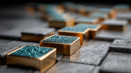 A group of gold and blue glass blocks representing corporate digital innovation execution roadmap icon concept