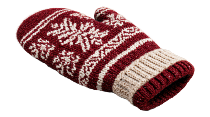 Knitted winter mitten with Nordic snowflake pattern in red and cream colors, realistic product photo