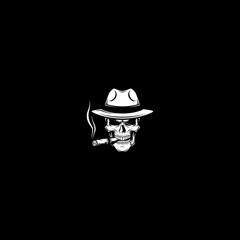 Skull in fedora smoking cigar monochrome vector illustration on black