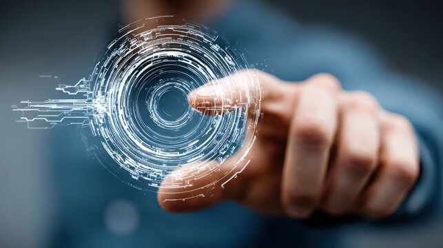 A man pointing at a futuristic interface illustrating digital readiness and strategic vision in corporate environments