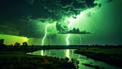 Intense green lightning illuminating a rural landscape with a winding river under a stormy sky, reflecting lights