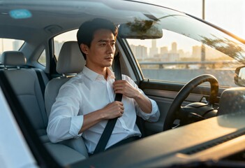 Young asian man adjusting seat belt in car at sunset, safety and responsibility concept. transportation and safe driving awareness.