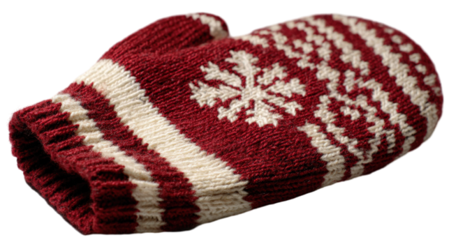 Knitted winter mitten with Nordic snowflake pattern in red and cream colors, realistic product photo