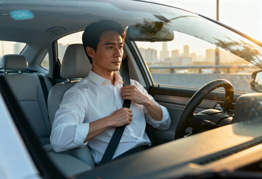Young asian man adjusting seat belt in car at sunset, safety and responsibility concept. transportation and safe driving awareness.