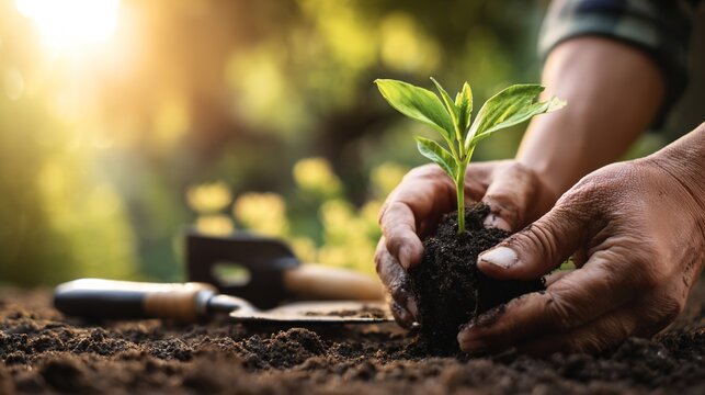 Close-up of a person's hands planting a young green seedling in rich soil during twilight.