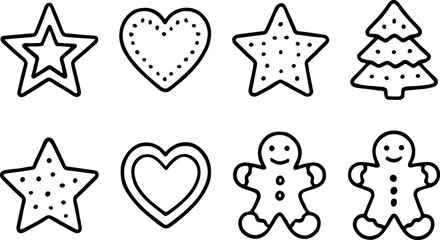 Vintage Christmas toys and gifts icons set. Rocking horse, nutcracker, teddy bear, decorations. Outline vector illustrations