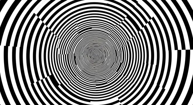 Abstract black and white hypnotic spiral pattern, creating an optical illusion with concentric circles and geometric shapes, evoking a sense of depth and movement, perfect for modern design
