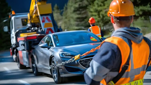 Over-the-shoulder faceless scene of a towing operator watching the car being loaded via winch, foreground crisp and background defocused, with copy space