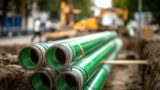 Green wrapped district heating pipes in installation trench thermal infrastructure municipal heating system insulated piping technology construction process excavation walls