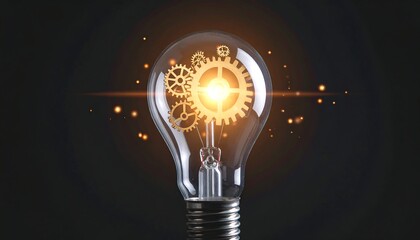 Illuminated light bulb containing intricate gear mechanisms, suggesting ideas, innovation, and conceptual thoughts