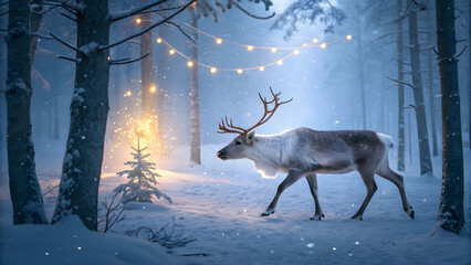 Winter Forest Reindeer Illustration – Snowy Scene with Glowing Lights, Sparkles & Holiday Magic