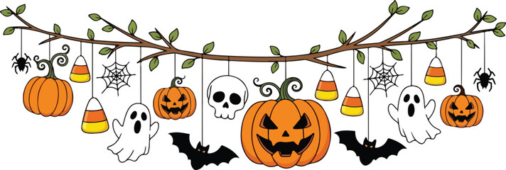 Cute Halloween garland with hanging pumpkins, lanterns, bats, spiders, webs and ghost elements arranged across the top on a clean vector background eps