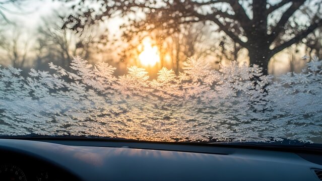 Sunlight peeking through frosted car window on a cold winter morning