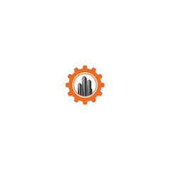 Modern cityscape logo inside orange gear illustration concept on white