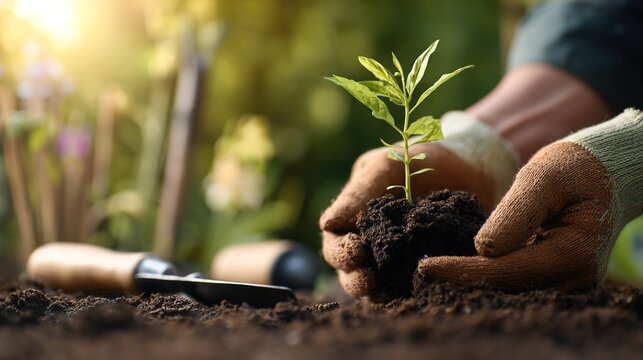 Hands of a gardener planting a seedling in rich soil, wearing gloves, surrounded by greenery.