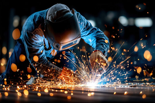 Welder working with sparks in industrial setting