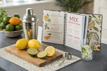 Bartender prepping cocktails with shaker recipe book and citrus