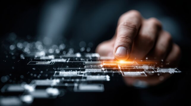 Person's hand touching circuit board for corporate financial digitalization roadmap icon concept and technology vision