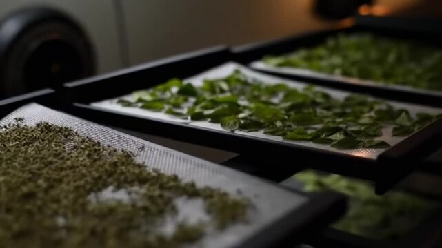 Freshly harvested herbs drying in a modern kitchen for culinary use. herb preservation concept for seasonal cooking.