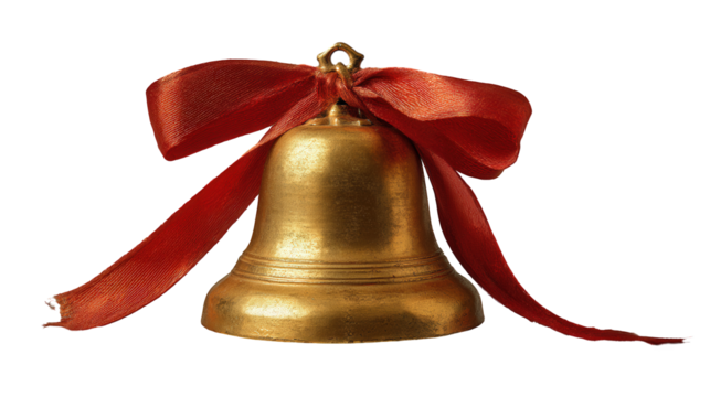 Golden Christmas bell with red satin bow, realistic holiday ornament on transparent background