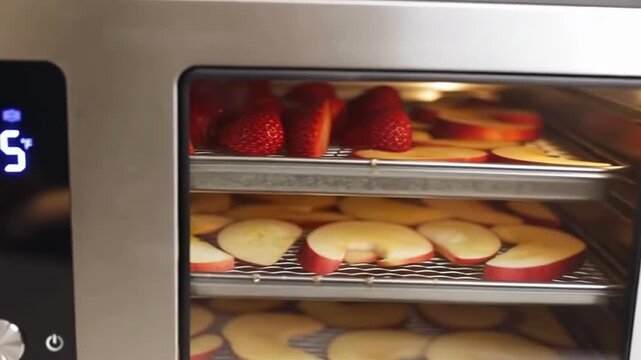 Baking strawberries and apple slices in modern oven for healthy snacks