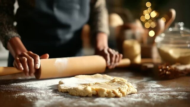 Hands rolling out cookie dough with wooden rolling pin Christmas baking preparation flour dusted surface holiday cooking tradition baking tools visible kitchen counter