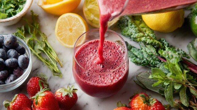 Vibrant berry smoothie being poured into glass surrounded by fresh strawberries, blueberries, leafy greens, and lemon slices on marble surface - Powered by Adobe
