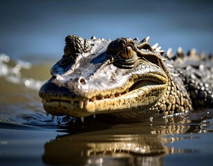 Obraz premium Alligator's watchful eye emerges from water. Detailed reptile. Close-up