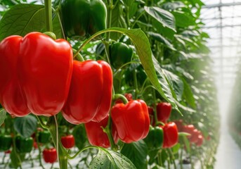 Ripe red bell peppers growing on a plant isolated on white background