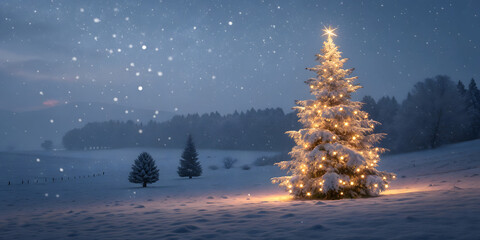 Christmas Tree in Snowy Forest Illustration – Glowing Lights, Falling Snow & Peaceful Winter Landscape