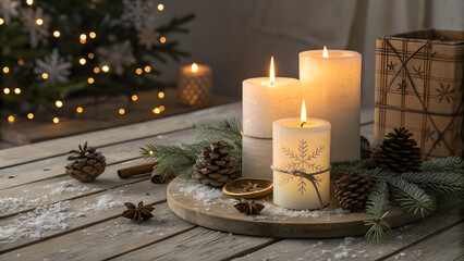 Rustic Holiday Tabletop Illustration – Lit Candles, Pinecones & Evergreen Decor with Christmas Tree Background
