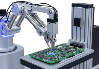 Robotic arm assembling a circuit board isolated on white background