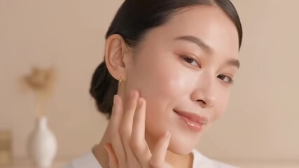 Radiant skincare routine with smiling asian young female for wellness posters
