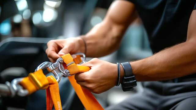 Hands-only close-up tightening ratchet straps, faceless operator partially outside the frame, vehicle intentionally generic and soft focus, with copy space