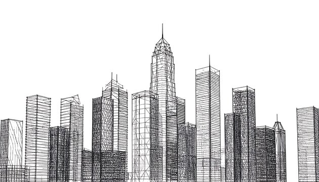 Hand-drawn city skyline illustration in black and white, featuring varied skyscraper designs