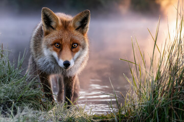 Naklejka premium Fox approaching a misty lake during dawn with golden light illuminating the surroundings