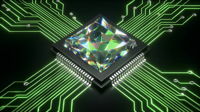Abstract computer chip design with glowing circuits and a gem