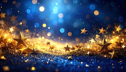 Glittering gold stars scattered on a blue surface with bokeh lights shimmering in the background