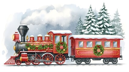 Vintage christmas train decorated with wreaths in a snowy forest scene