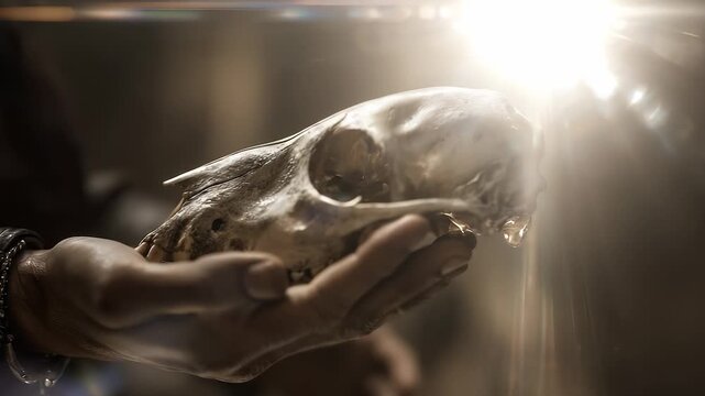 A man's hand carefully holds a weathered animal skull, showcasing intricate details and textures. The skull in the man's hand creates a haunting yet captivating focus in the dim li