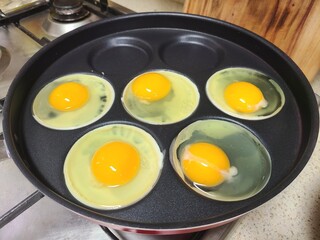 Raw Eggs Cracked into Egg Pan Before Cooking