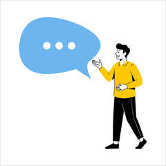 Man standing and talking with speech bubble, communication and conversation concept, person sharing idea and opinion isolated on