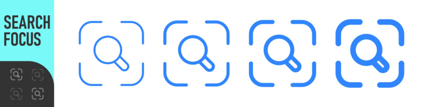 Search focus icon set, magnifying glass icon inside rounded corner brackets , Scan or Zoom Area icons , ideal for scanning tools, find functions, detection features, and for camera or search interface