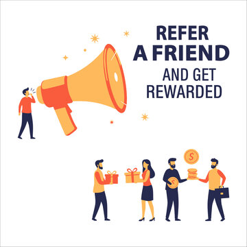 Refer a friend and get rewarded concept with people sharing gifts and money, man using megaphone to announce referral program isolated on