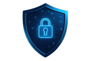 Digital shield securing private data with an glowing padlock icon, representing robust cybersecurity protection
